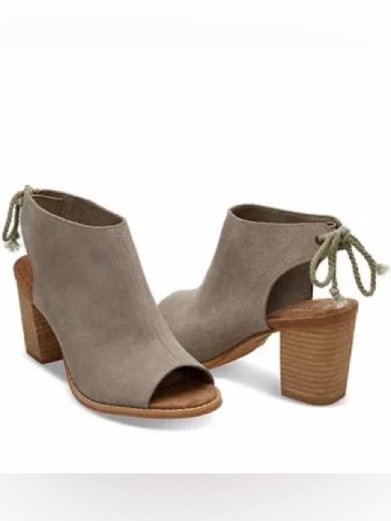 Toms Shoes - Toms Tan Elba Booties Peep Toe Suede Tassles Taupe Chunky Block Heel Mules | 8